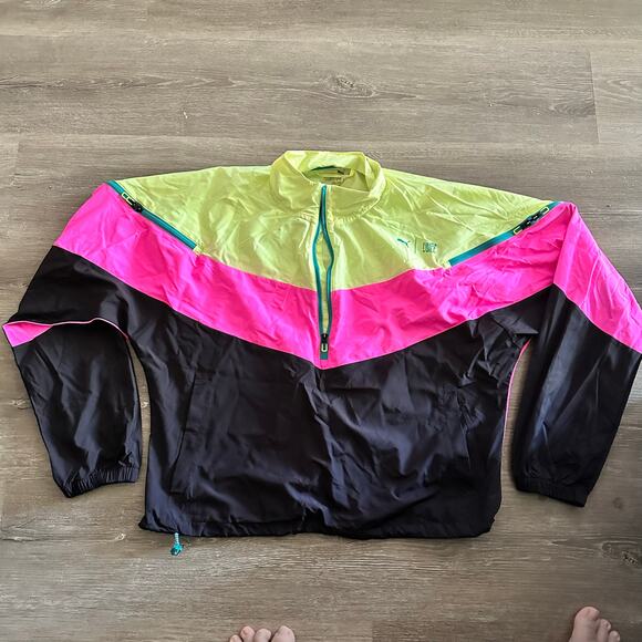 Puma Jacket Windbreaker Athletic Neon Green Pink Black Size Large - Picture 1 of 5